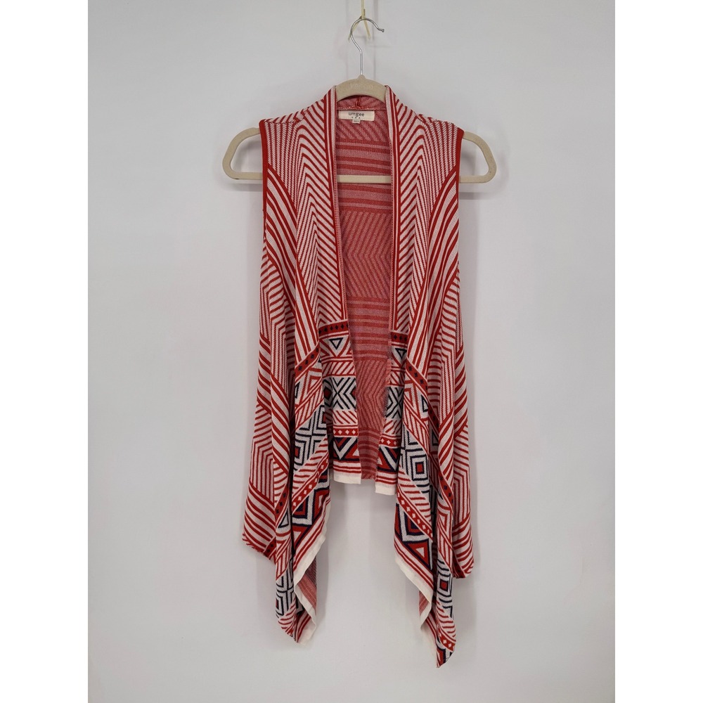 Umgee Vest Women S/M Red Geometric Chevron Draped Open Front Knit C7225